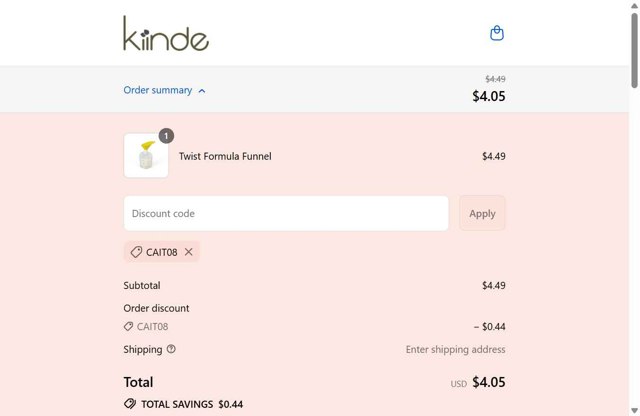 Kiinde checkout page showing Kiinde discount code box | Screenshot taken by SimplyCodes community member on Aug 18, 2025
