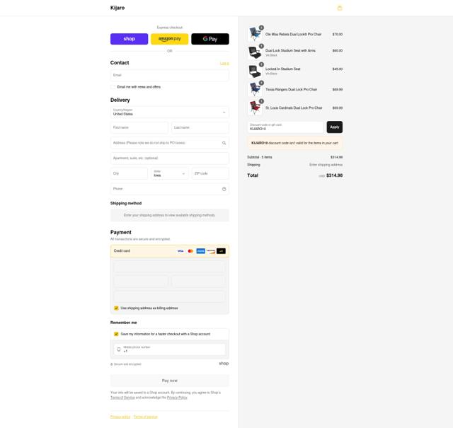 Kijaro checkout page showing Kijaro coupon code box | Screenshot taken by SimplyCodes community member on Aug 30, 2025