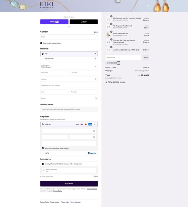 Kiki McDonough checkout page showing Kiki McDonough promo code box | Screenshot taken by SimplyCodes community member on Dec 26, 2024