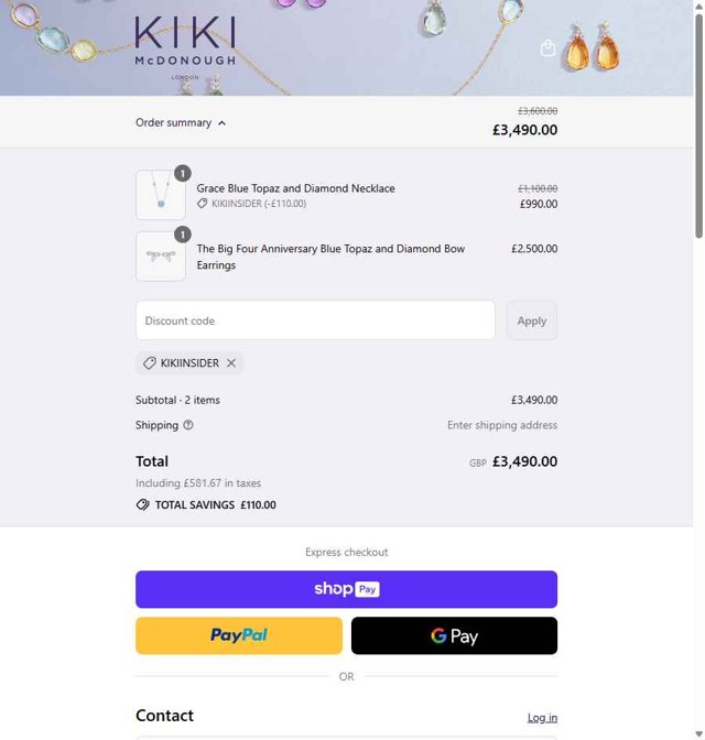 Kiki McDonough checkout page showing Kiki McDonough promo code box | Screenshot taken by SimplyCodes community member on Jul 7, 2025