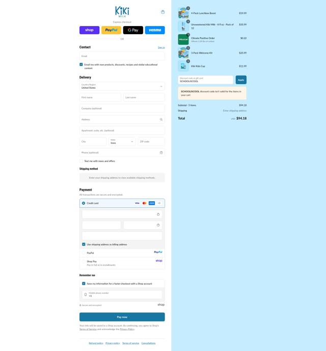 Kiki Milk checkout page showing Kiki Milk discount code box | Screenshot taken by SimplyCodes community member on Sep 15, 2025