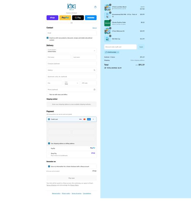 Kiki Milk checkout page showing Kiki Milk discount code box | Screenshot taken by SimplyCodes community member on Sep 15, 2025