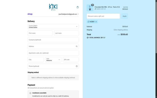 Kiki Milk checkout page showing Kiki Milk discount code box | Screenshot taken by SimplyCodes community member on Sep 16, 2025