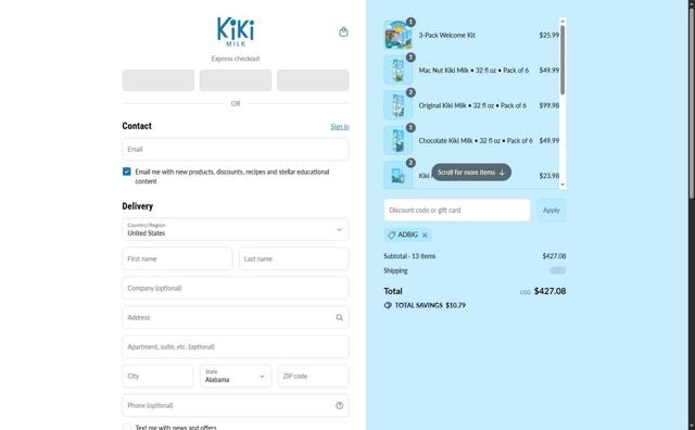 Kiki Milk checkout page showing Kiki Milk discount code box | Screenshot taken by SimplyCodes community member on Sep 16, 2025