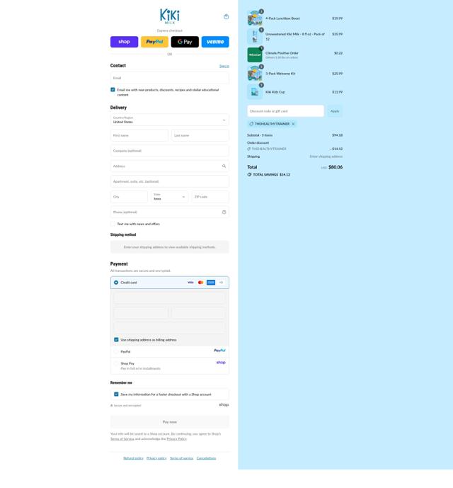 Kiki Milk checkout page showing Kiki Milk discount code box | Screenshot taken by SimplyCodes community member on Sep 15, 2025