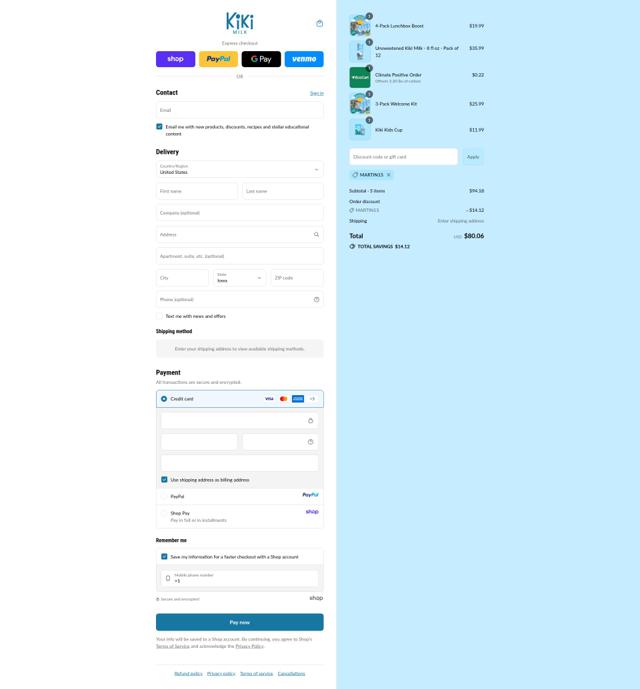 Kiki Milk checkout page showing Kiki Milk discount code box | Screenshot taken by SimplyCodes community member on Sep 15, 2025