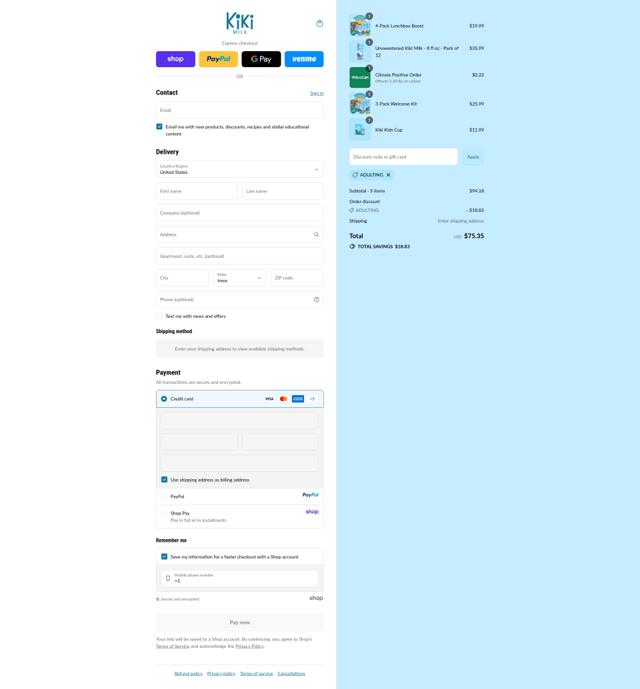 Kiki Milk checkout page showing Kiki Milk discount code box | Screenshot taken by SimplyCodes community member on Sep 15, 2025