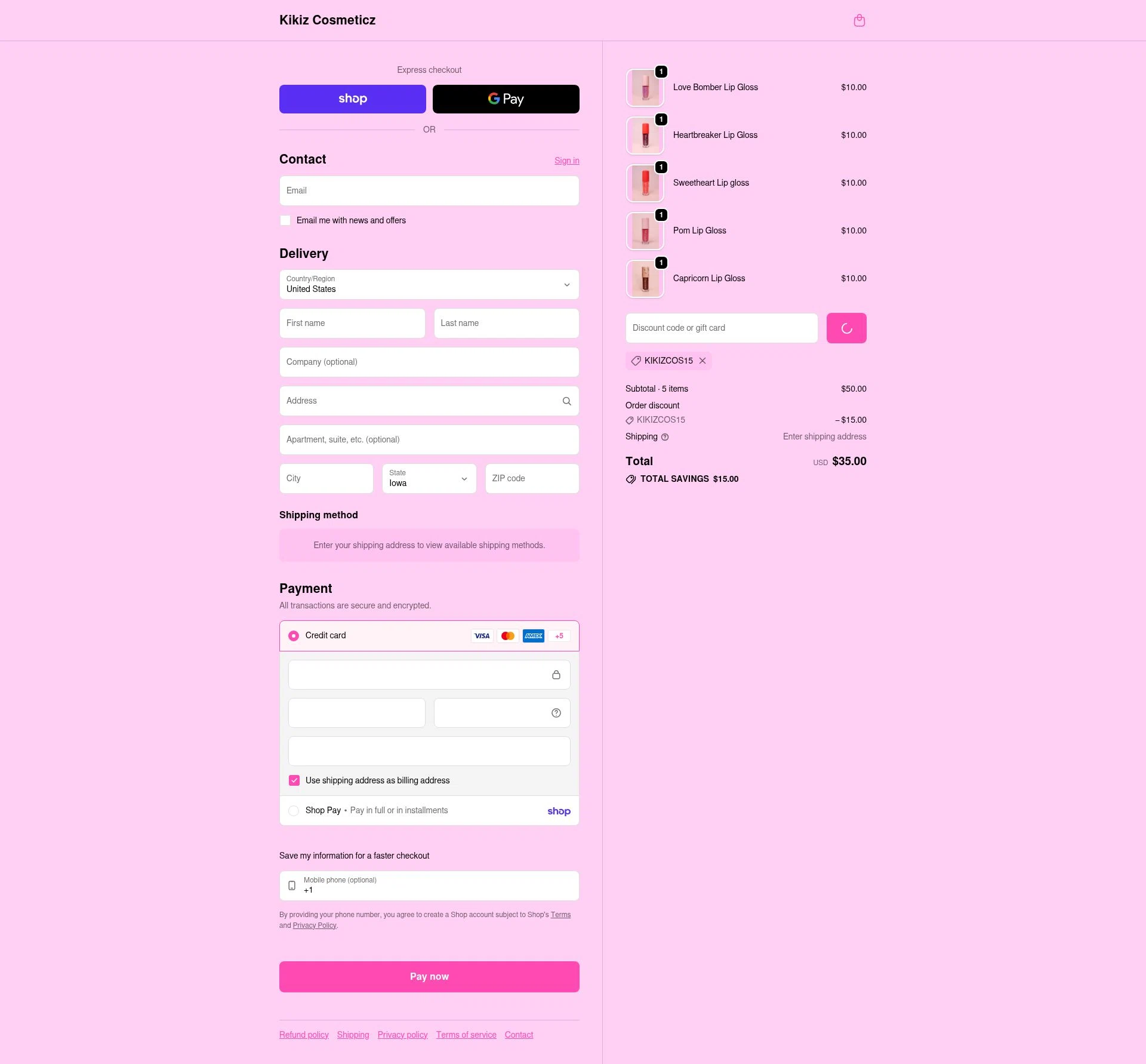 Kikiz Cosmeticz checkout page showing Kikiz Cosmeticz promo code box | Screenshot taken by SimplyCodes community member on Feb 23, 2026