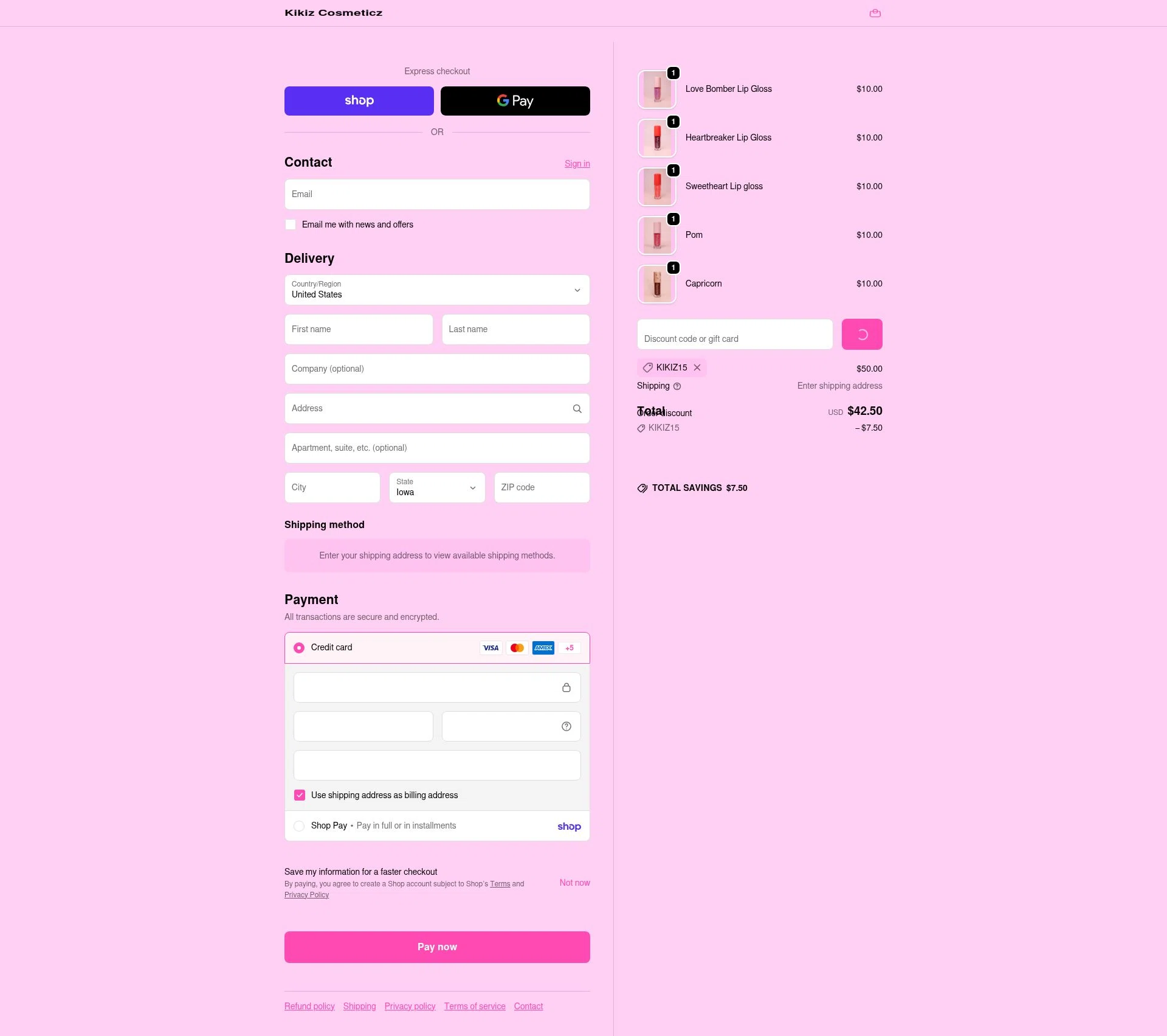 Kikiz Cosmeticz checkout page showing Kikiz Cosmeticz promo code box | Screenshot taken by SimplyCodes community member on Feb 18, 2026