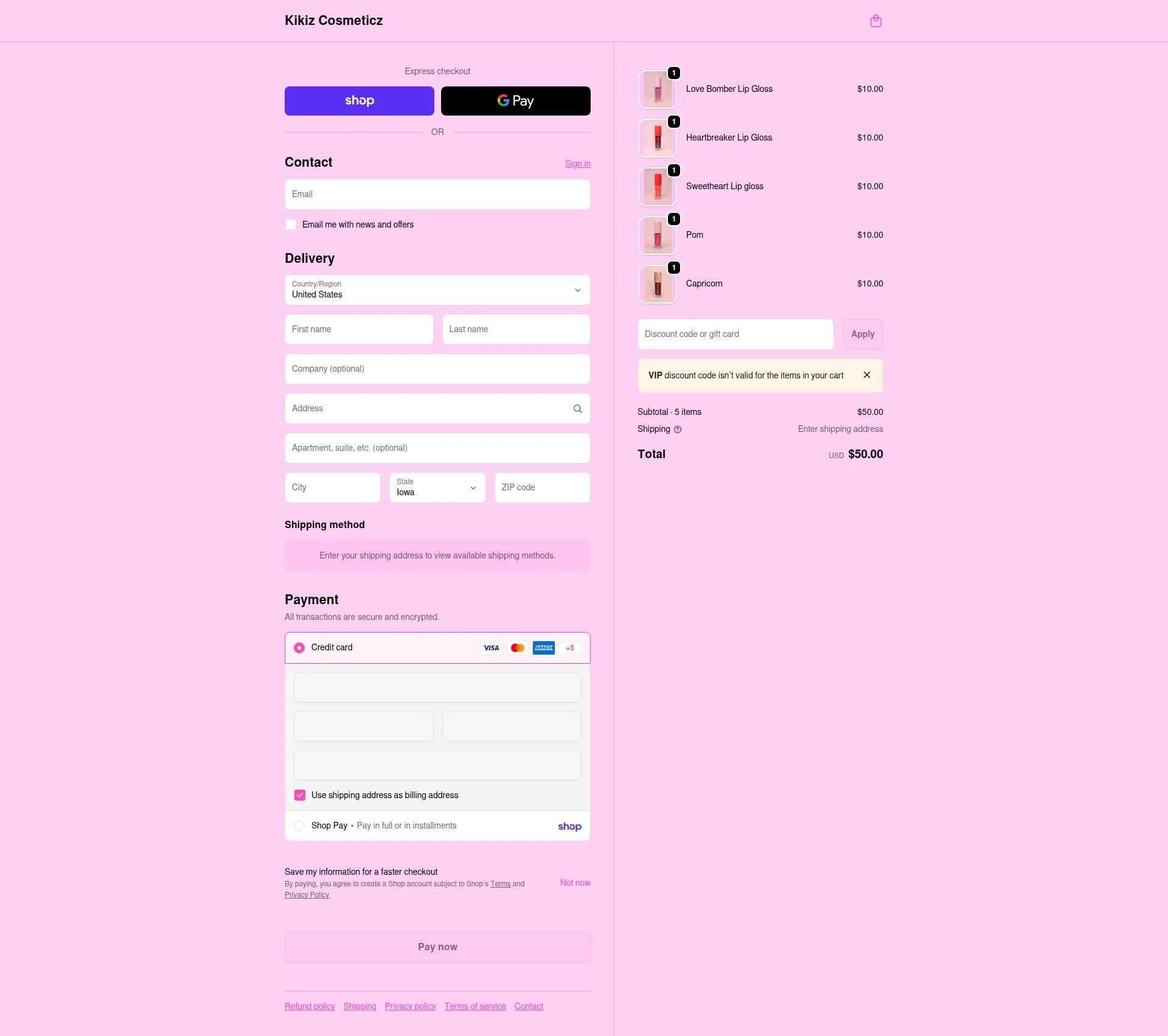Kikiz Cosmeticz checkout page showing Kikiz Cosmeticz promo code box | Screenshot taken by SimplyCodes community member on Feb 18, 2026