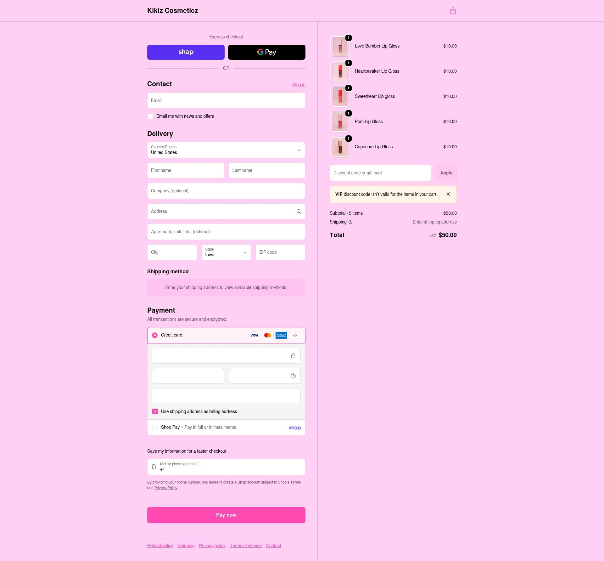 Kikiz Cosmeticz checkout page showing Kikiz Cosmeticz promo code box | Screenshot taken by SimplyCodes community member on Feb 23, 2026