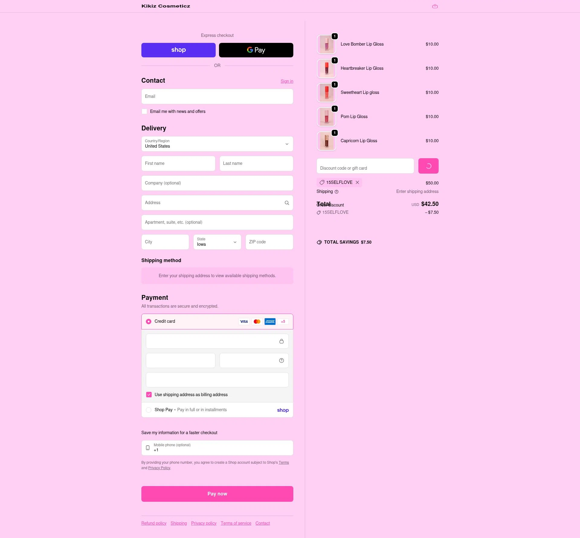 Kikiz Cosmeticz checkout page showing Kikiz Cosmeticz promo code box | Screenshot taken by SimplyCodes community member on Feb 23, 2026