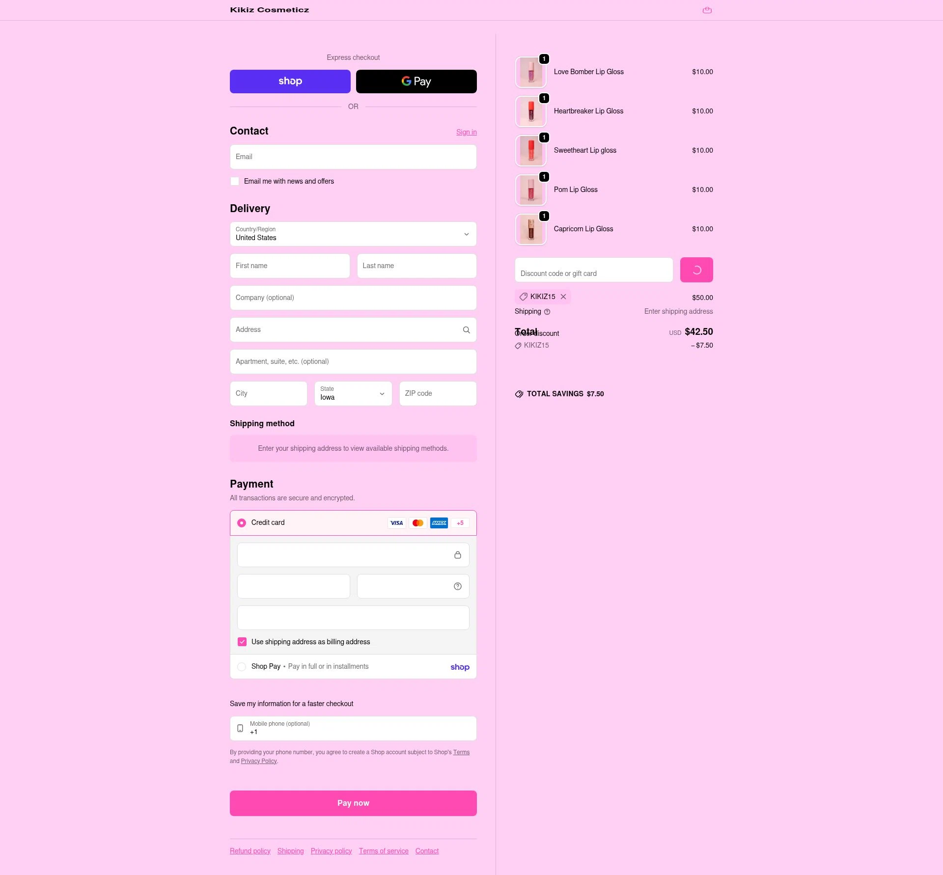 Kikiz Cosmeticz checkout page showing Kikiz Cosmeticz promo code box | Screenshot taken by SimplyCodes community member on Feb 23, 2026