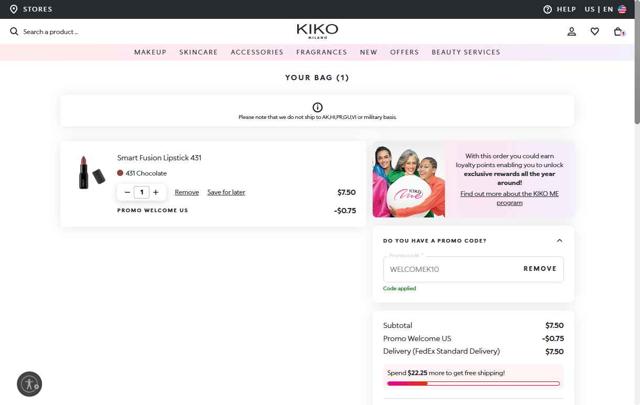 KIKO Milano checkout page showing KIKO Milano promo code box | Screenshot taken by SimplyCodes community member on Sep 3, 2025