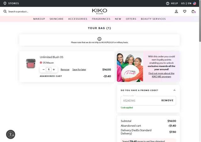 KIKO Milano checkout page showing KIKO Milano promo code box | Screenshot taken by SimplyCodes community member on Sep 3, 2025