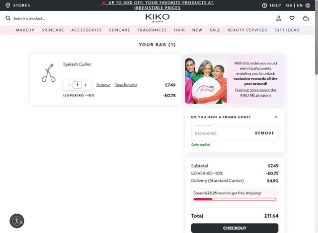 KIKO Milano checkout page showing KIKO Milano promo code box | Screenshot taken by SimplyCodes community member on Aug 18, 2025