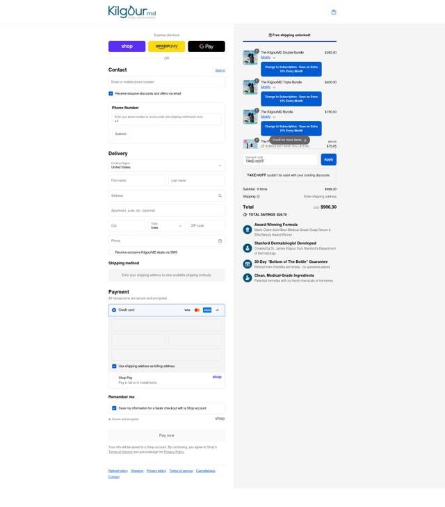 KilgourMD checkout page showing KilgourMD promo code box | Screenshot taken by SimplyCodes community member on Sep 13, 2025