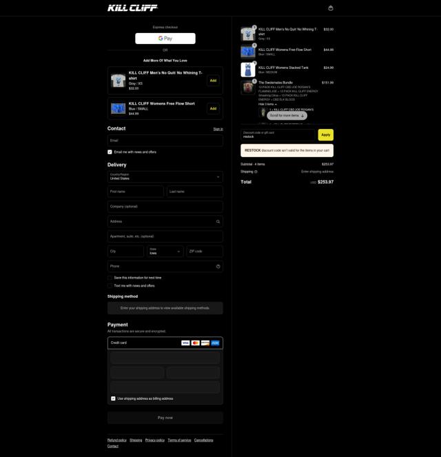 Kill Cliff checkout page showing Kill Cliff discount code box | Screenshot taken by SimplyCodes community member on Sep 13, 2025