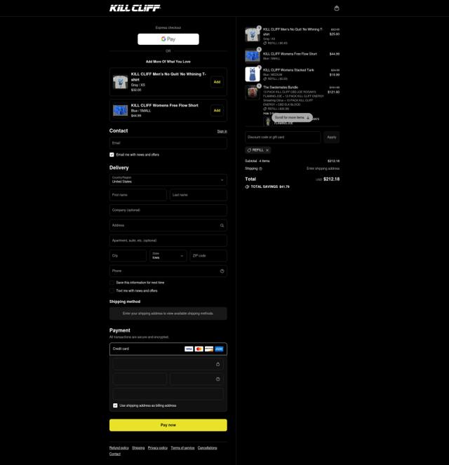 Kill Cliff checkout page showing Kill Cliff discount code box | Screenshot taken by SimplyCodes community member on Sep 13, 2025
