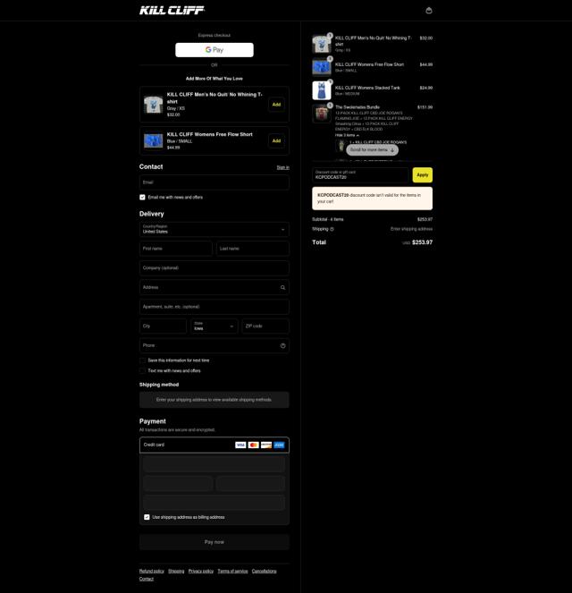 Kill Cliff checkout page showing Kill Cliff discount code box | Screenshot taken by SimplyCodes community member on Sep 13, 2025