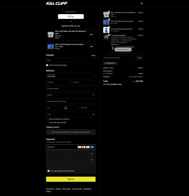Kill Cliff checkout page showing Kill Cliff discount code box | Screenshot taken by SimplyCodes community member on Sep 13, 2025