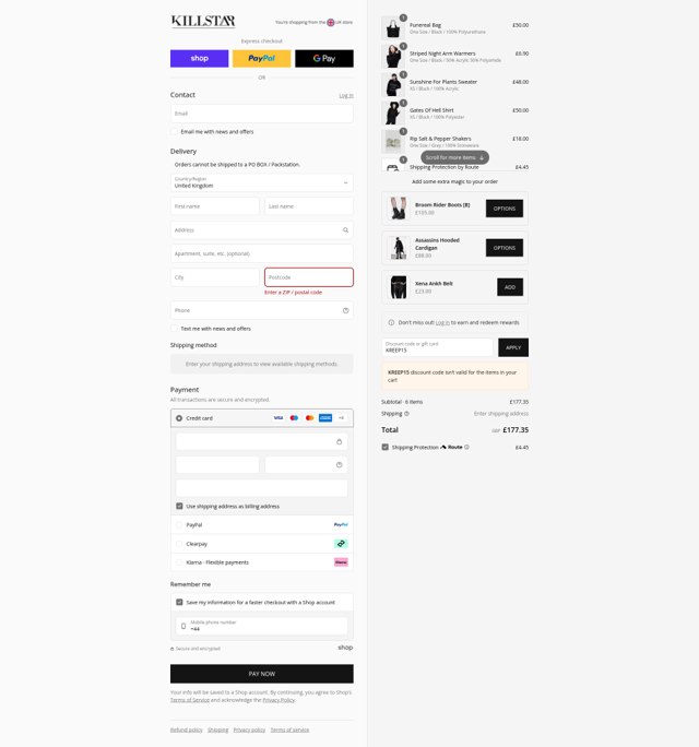 Killstar checkout page showing Killstar discount code box | Screenshot taken by SimplyCodes community member on Sep 3, 2025