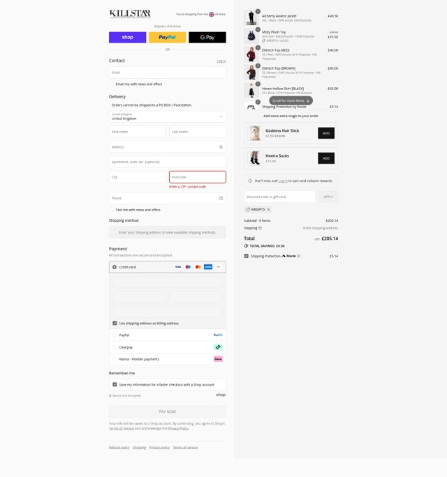 Killstar checkout page showing Killstar discount code box | Screenshot taken by SimplyCodes community member on Aug 29, 2025