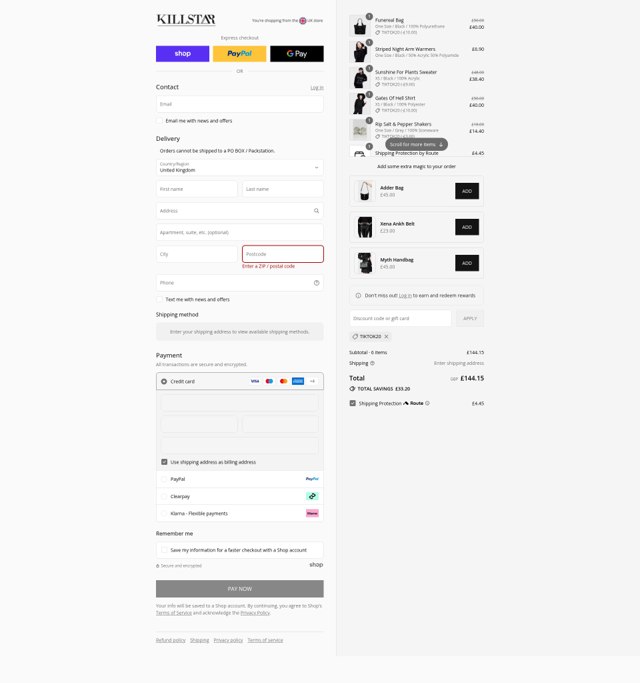 Killstar checkout page showing Killstar discount code box | Screenshot taken by SimplyCodes community member on Sep 3, 2025