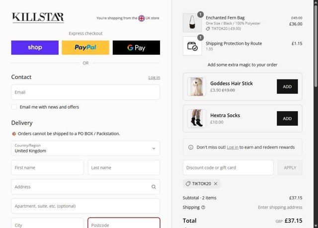 Killstar checkout page showing Killstar discount code box | Screenshot taken by SimplyCodes community member on Aug 30, 2025