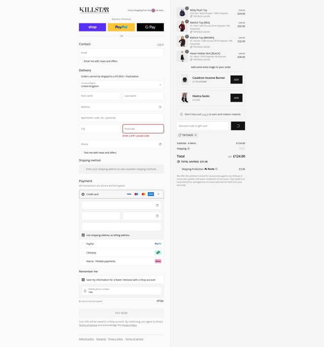 Killstar checkout page showing Killstar discount code box | Screenshot taken by SimplyCodes community member on Aug 31, 2025