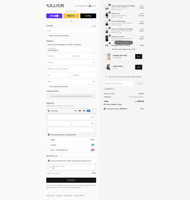 Killstar checkout page showing Killstar discount code box | Screenshot taken by SimplyCodes community member on Aug 24, 2025