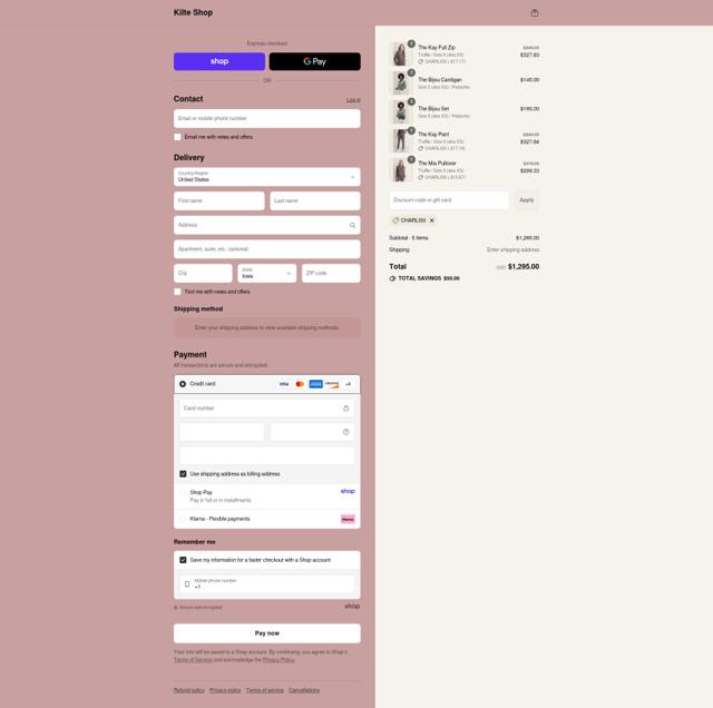 Kilte Collection checkout page showing Kilte Collection promo code box | Screenshot taken by SimplyCodes community member on Sep 7, 2025