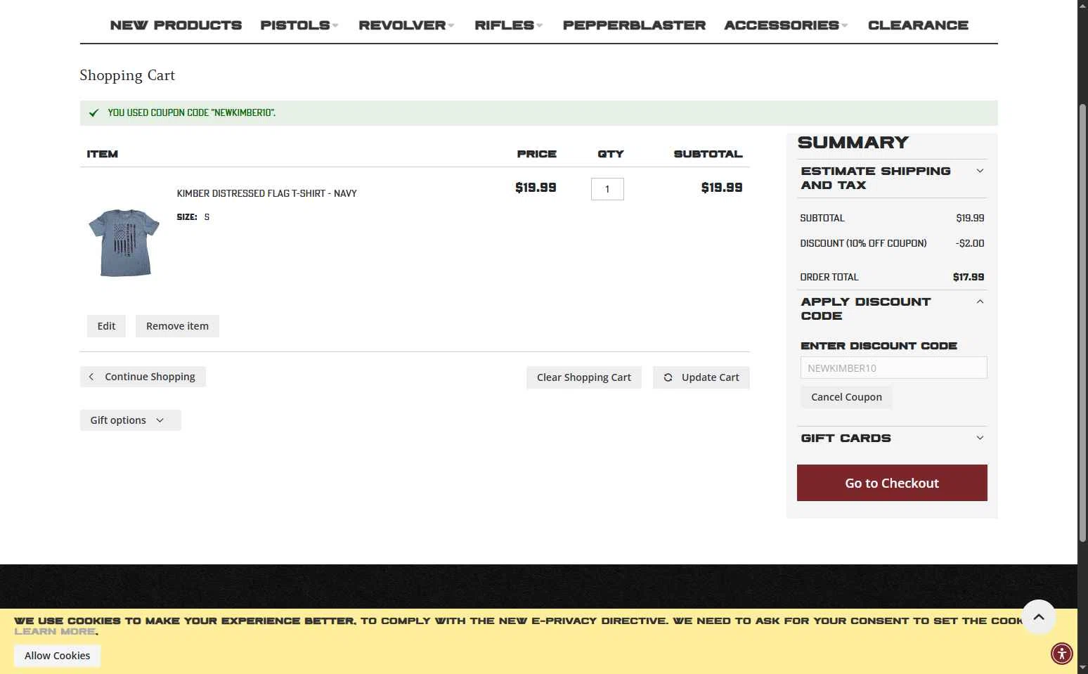 Kimber America checkout page showing Kimber America discount code box | Screenshot taken by SimplyCodes community member on Nov 12, 2025