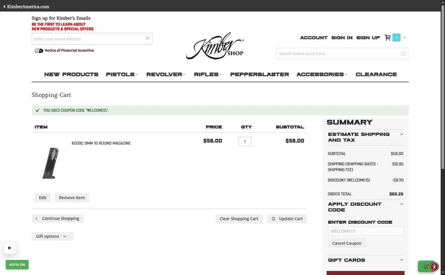 Kimber America checkout page showing Kimber America discount code box | Screenshot taken by SimplyCodes community member on Jan 14, 2026