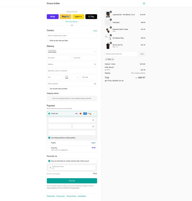Kimera Koffee checkout page showing Kimera Koffee coupon code box | Screenshot taken by SimplyCodes community member on Sep 5, 2025