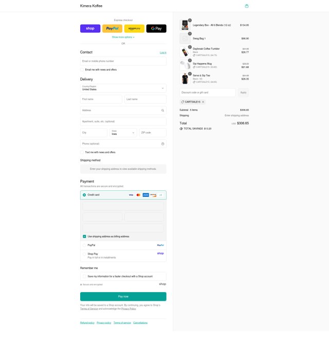 Kimera Koffee checkout page showing Kimera Koffee coupon code box | Screenshot taken by SimplyCodes community member on Sep 5, 2025
