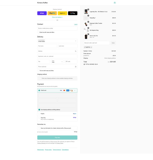 Kimera Koffee checkout page showing Kimera Koffee coupon code box | Screenshot taken by SimplyCodes community member on Sep 5, 2025