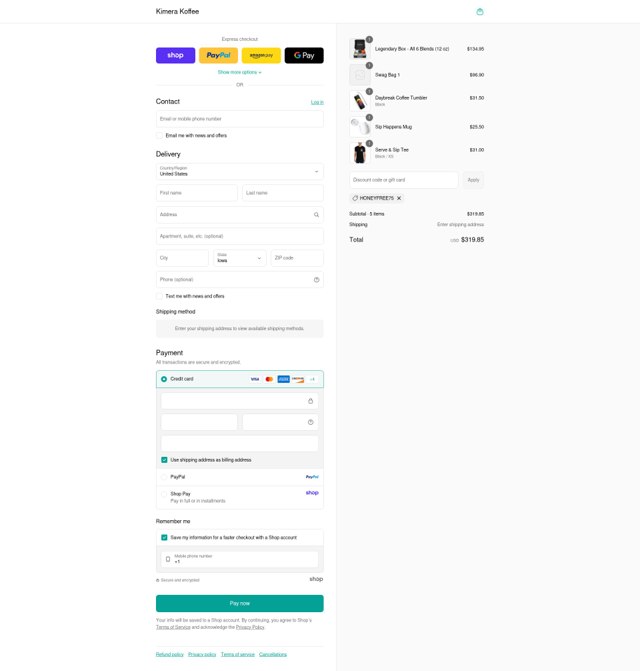 Kimera Koffee checkout page showing Kimera Koffee coupon code box | Screenshot taken by SimplyCodes community member on Sep 5, 2025