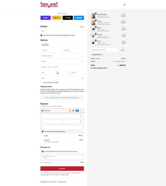 Kimes Ranch checkout page showing Kimes Ranch discount code box | Screenshot taken by SimplyCodes community member on Sep 13, 2025
