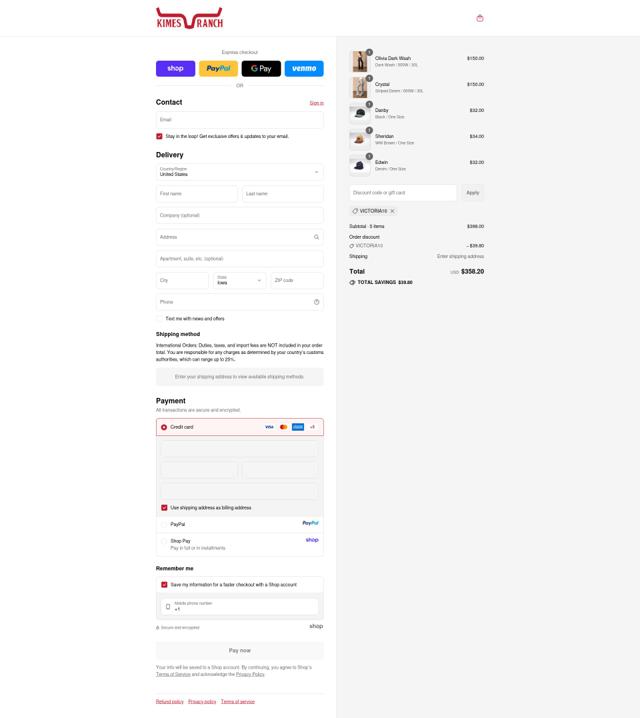 Kimes Ranch checkout page showing Kimes Ranch discount code box | Screenshot taken by SimplyCodes community member on Sep 13, 2025
