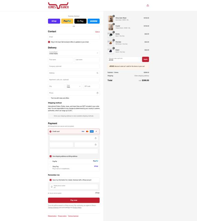 Kimes Ranch checkout page showing Kimes Ranch discount code box | Screenshot taken by SimplyCodes community member on Sep 14, 2025