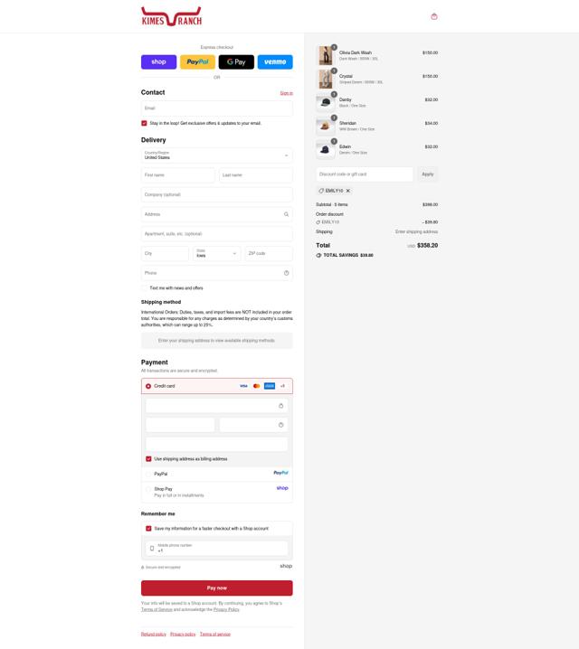 Kimes Ranch checkout page showing Kimes Ranch discount code box | Screenshot taken by SimplyCodes community member on Sep 14, 2025