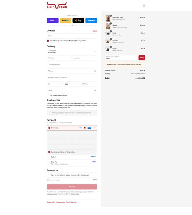 Kimes Ranch checkout page showing Kimes Ranch discount code box | Screenshot taken by SimplyCodes community member on Sep 13, 2025