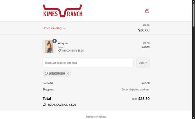Kimes Ranch checkout page showing Kimes Ranch discount code box | Screenshot taken by SimplyCodes community member on Sep 13, 2025
