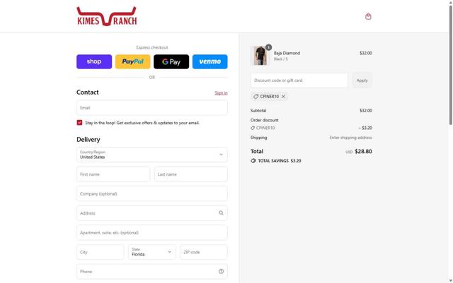 Kimes Ranch checkout page showing Kimes Ranch discount code box | Screenshot taken by SimplyCodes community member on Sep 13, 2025