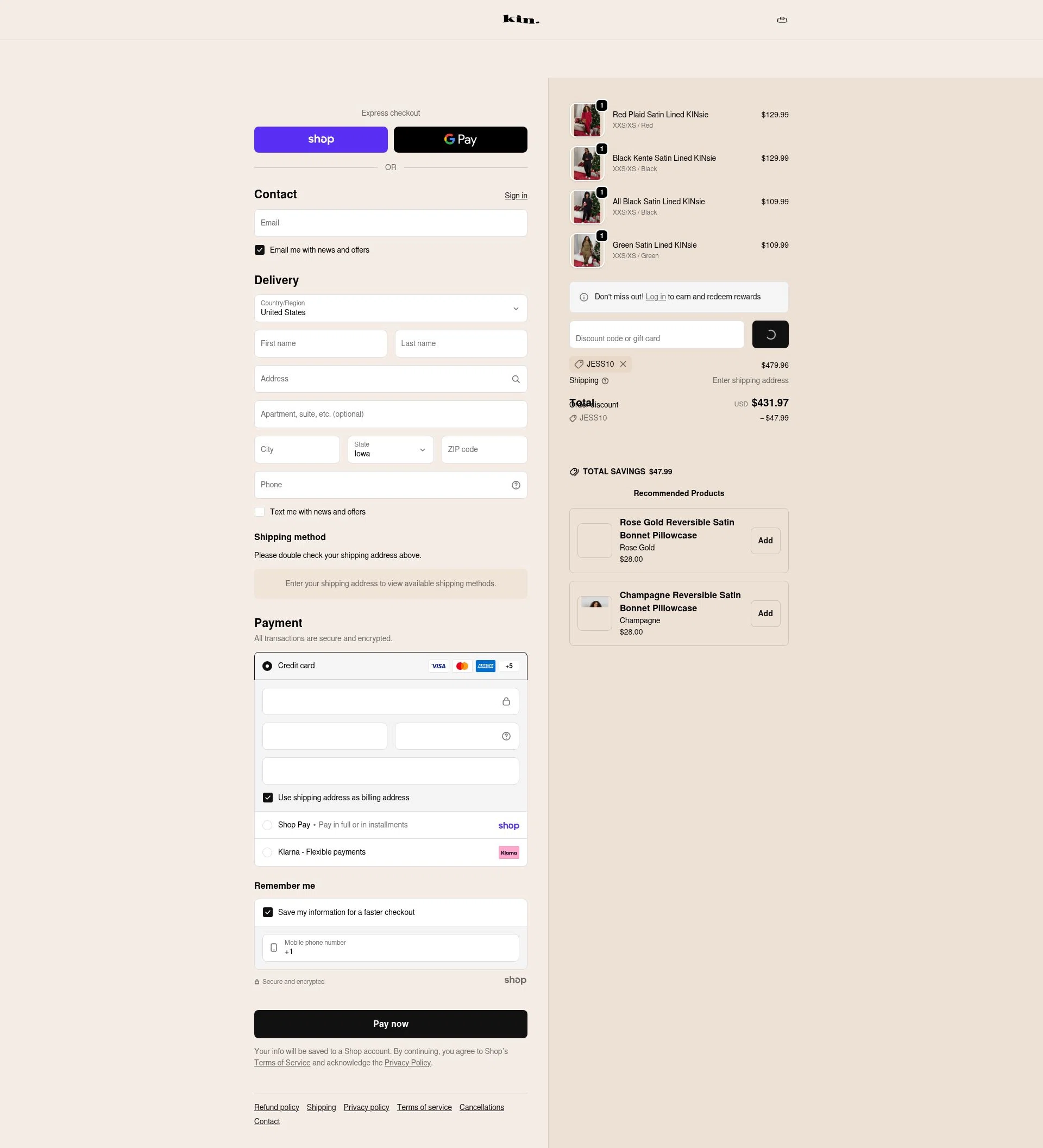 KIN Apparel checkout page showing KIN Apparel discount code box | Screenshot taken by SimplyCodes community member on Jan 30, 2026