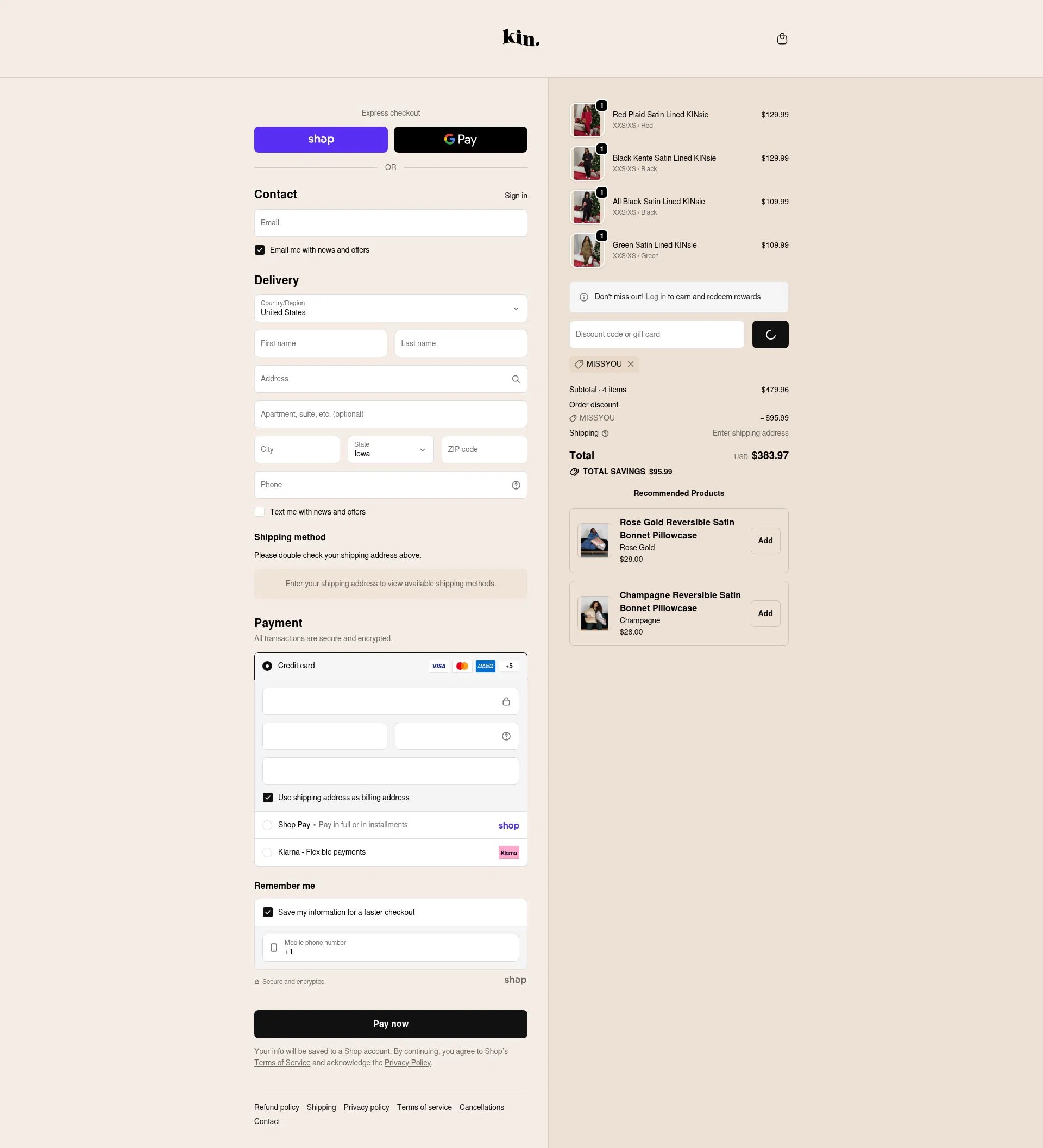KIN Apparel checkout page showing KIN Apparel discount code box | Screenshot taken by SimplyCodes community member on Jan 25, 2026