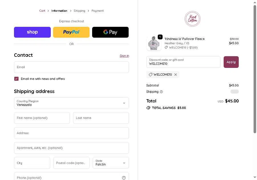 Kind Cotton checkout page showing Kind Cotton discount code box | Screenshot taken by SimplyCodes community member on Feb 14, 2026