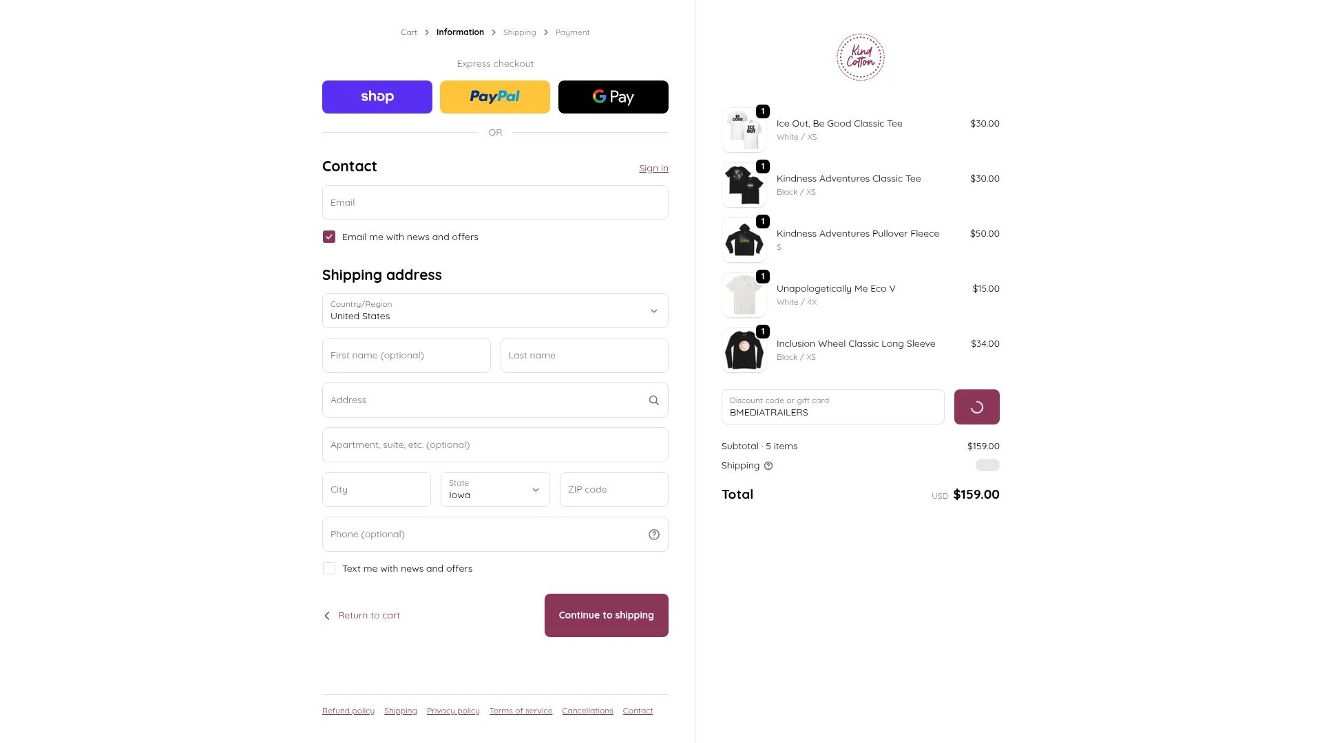 Kind Cotton checkout page showing Kind Cotton discount code box | Screenshot taken by SimplyCodes community member on Feb 14, 2026