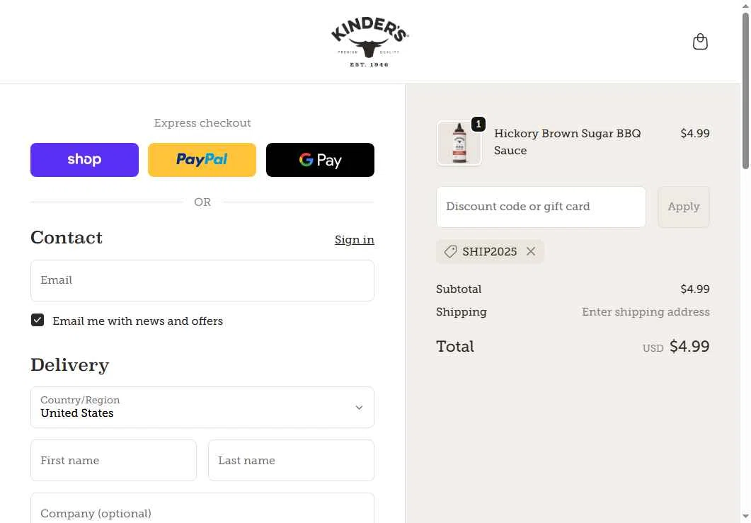 Kinder's checkout page showing Kinder's coupon code box | Screenshot taken by SimplyCodes community member on Nov 30, 2025
